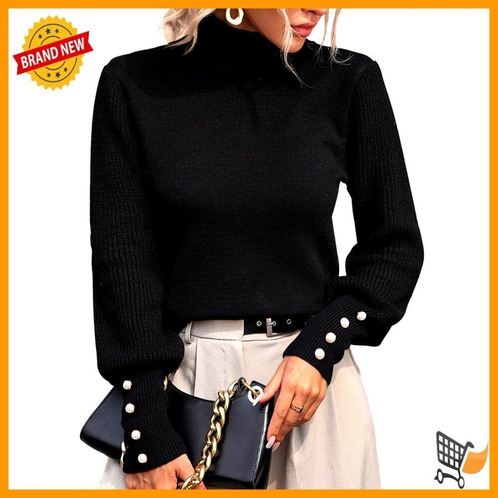 Mock Turtleneck Pullover Sweater Lantern Sleeve Knitted Chic Fall Winter